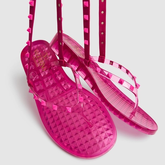 VALENTINO Rockstud PVC Laced Thong Sandals Hot Pink - Picture 10 of 12